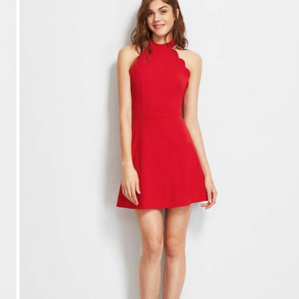 Scalloped Halter Open Back Skater Dress